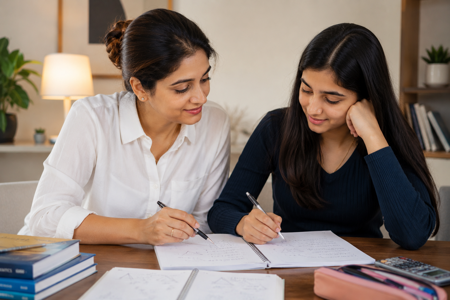 Richa Jain working through maths problems one-on-one with a student.